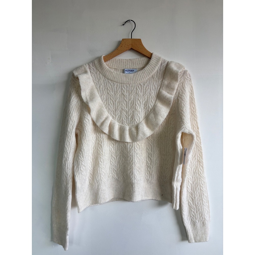 Old Navy Women Ruffle Cable Knit Sweater Cream White Go-Recycled M preppy NWT